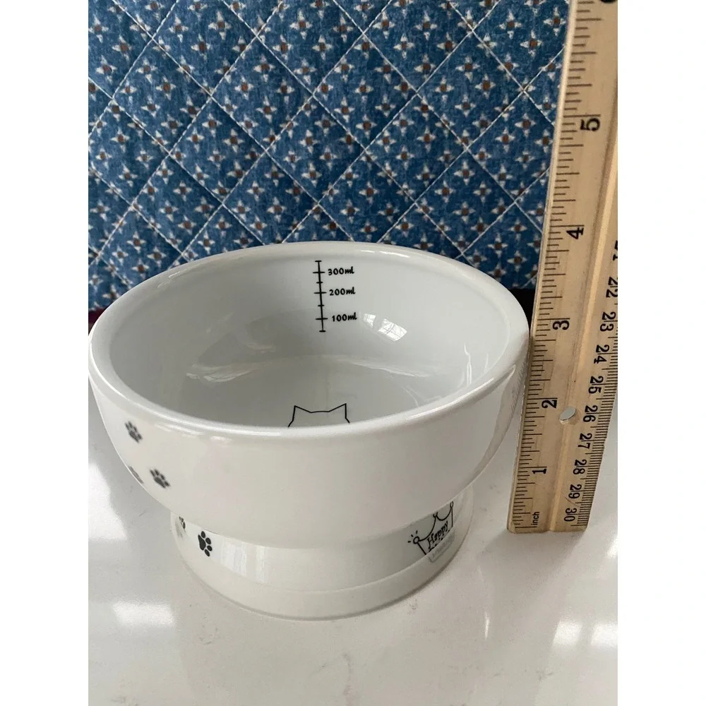 Necoichi White Ceramic Cat Bowl Raised Stand Paw Print Measuring Lines